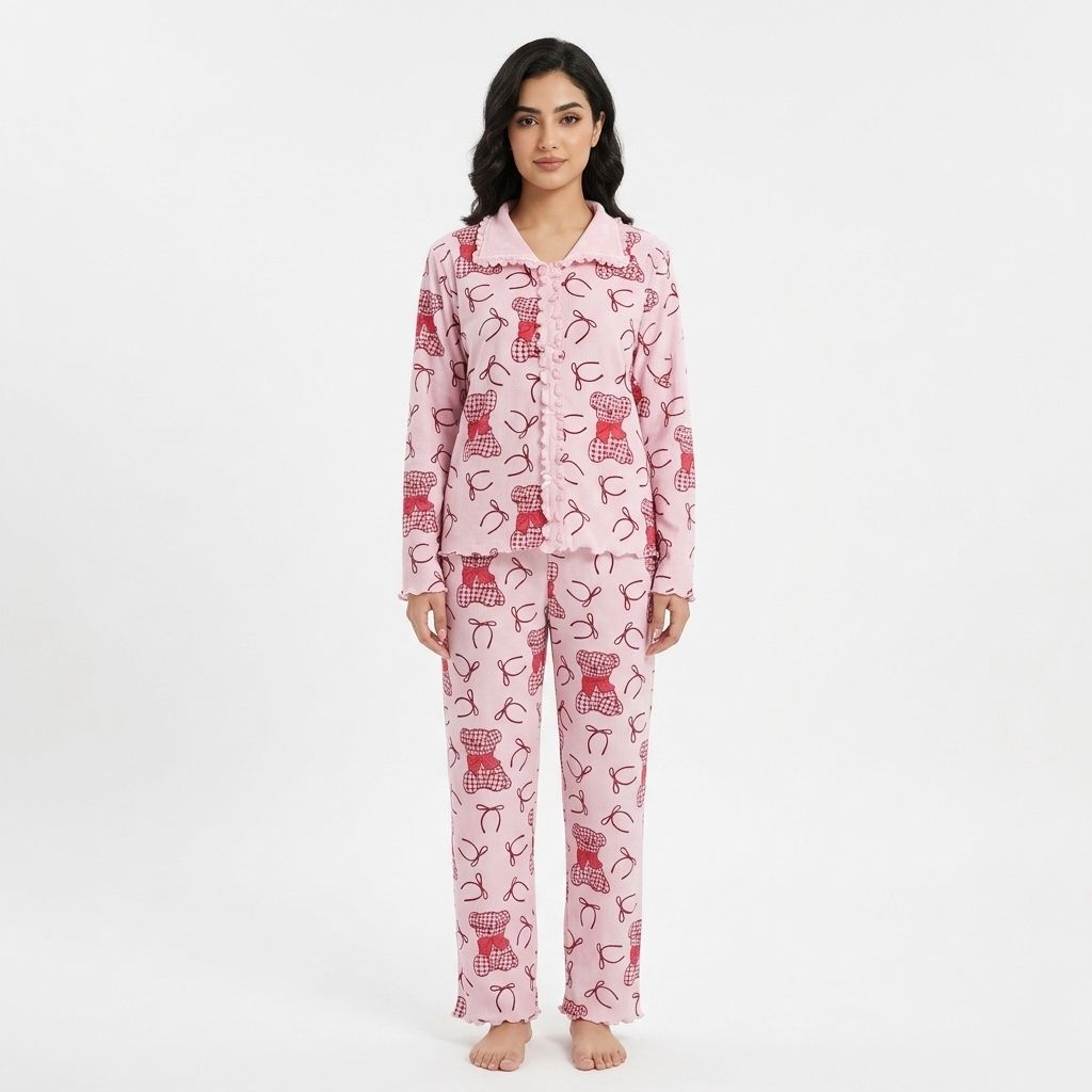 Ensemble pyjama en velours  motif ours et nœud