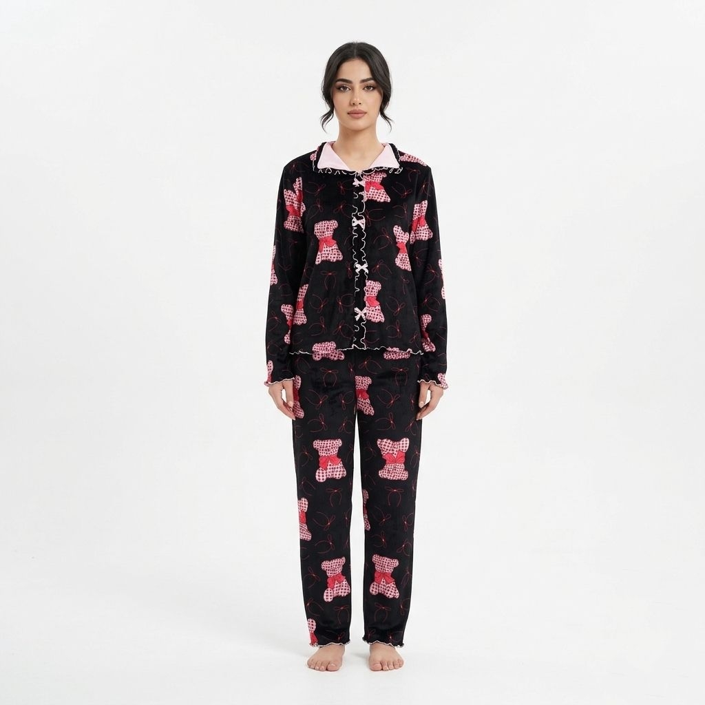 Ensemble pyjama en velours  motif ours et nœud