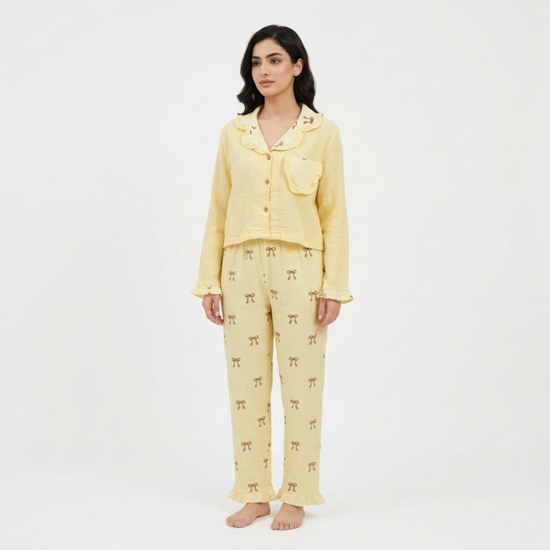 Pyjama jaune pâle en coton gaufré avec col à volants