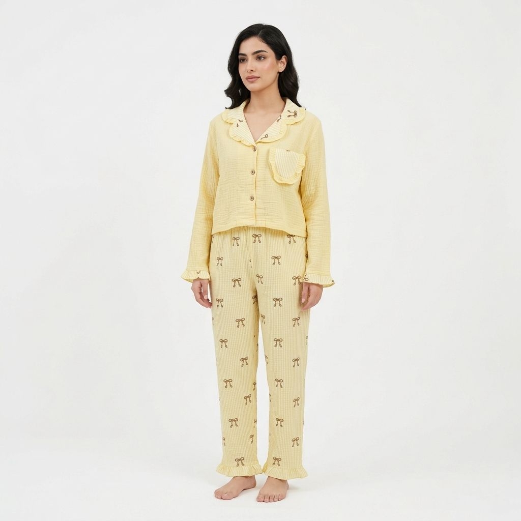 Pyjama jaune pâle en coton gaufré avec col à volants