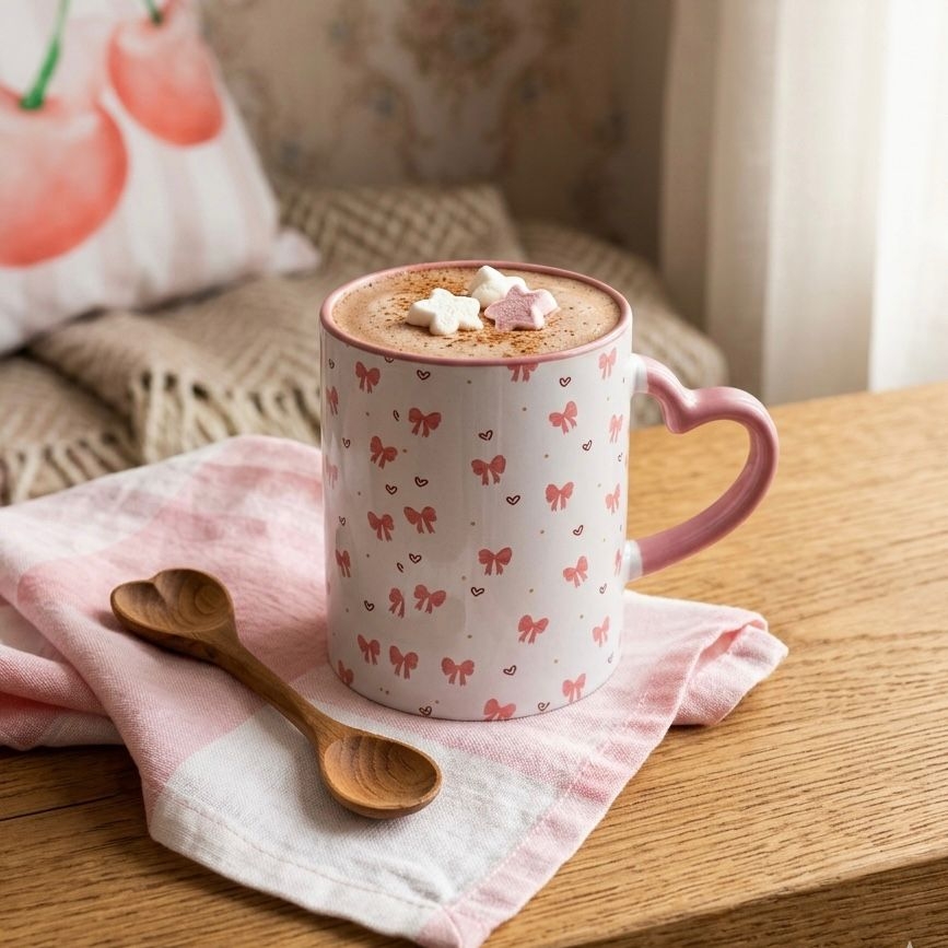 Mug "Pink Coquette" à motifs petits nœuds et cœurs.